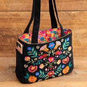 Natural Life Embroidered Corduroy Tote - Black Folk Flower
